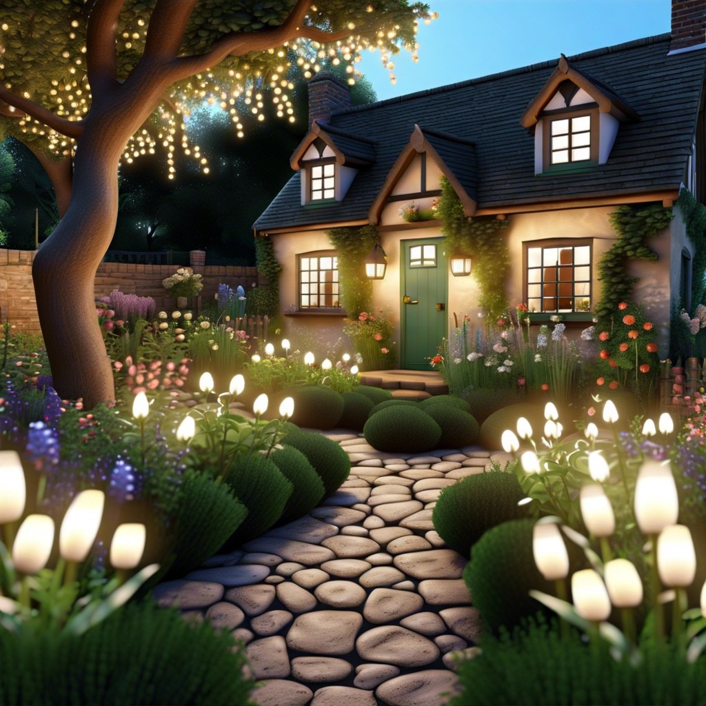 english cottage garden with a secluded nook and fairy lights