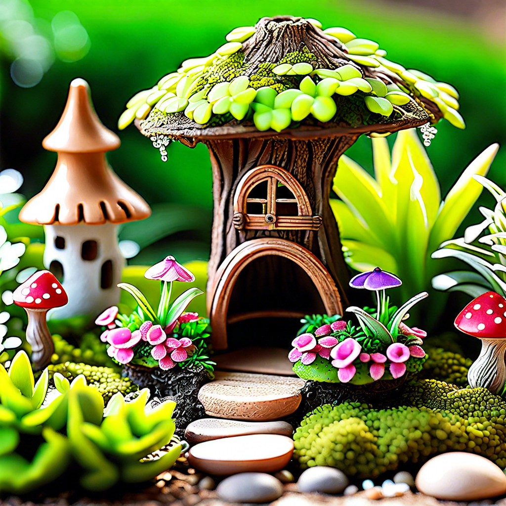 fairy garden with miniature plants and accessories