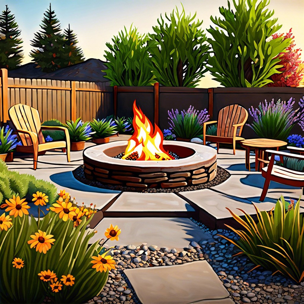 fire pit area surrounded by drought tolerant grasses and perennials