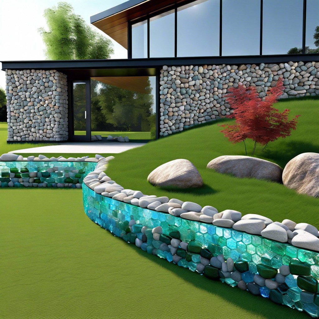 gabion walls filled with colored glass and rocks