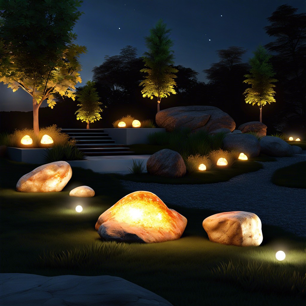 glowing boulders with embedded solar lights