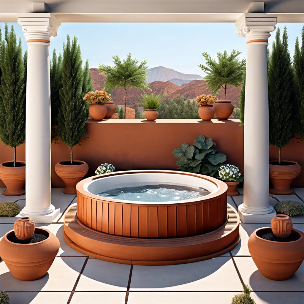 grecian theme featuring white columns and terracotta pots