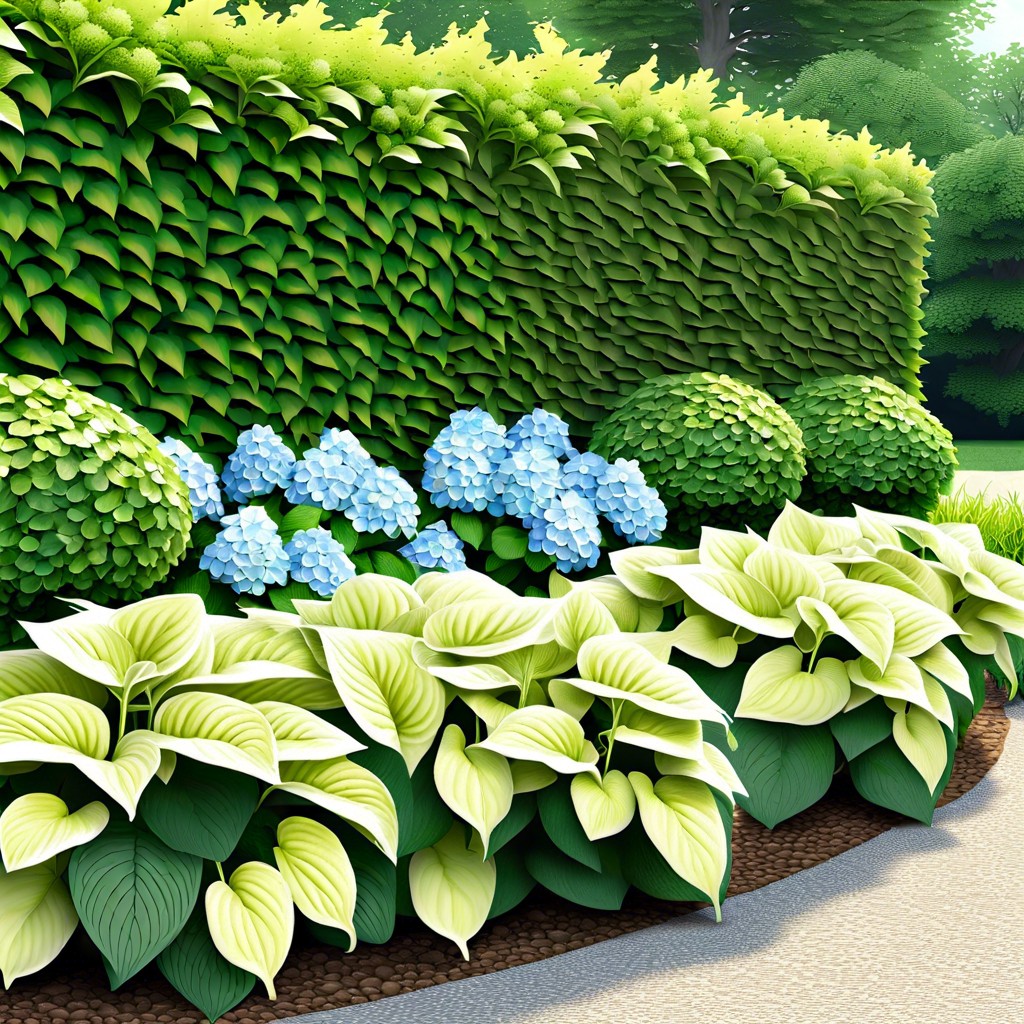 hosta and hydrangea hedge use tall hosta varieties backed by a row of hydrangeas for a lush backdrop