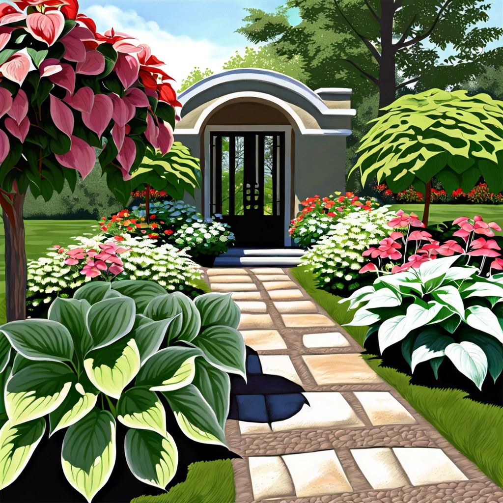 hosta border symphony line a shaded walkway with various hostas mixed with impatiens for splashes of color