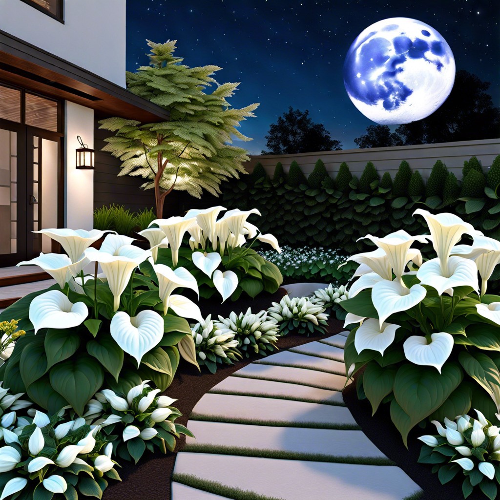 hosta moon garden combine white variegated hostas with white flowers like moonflower and white azaleas for a nighttime glow
