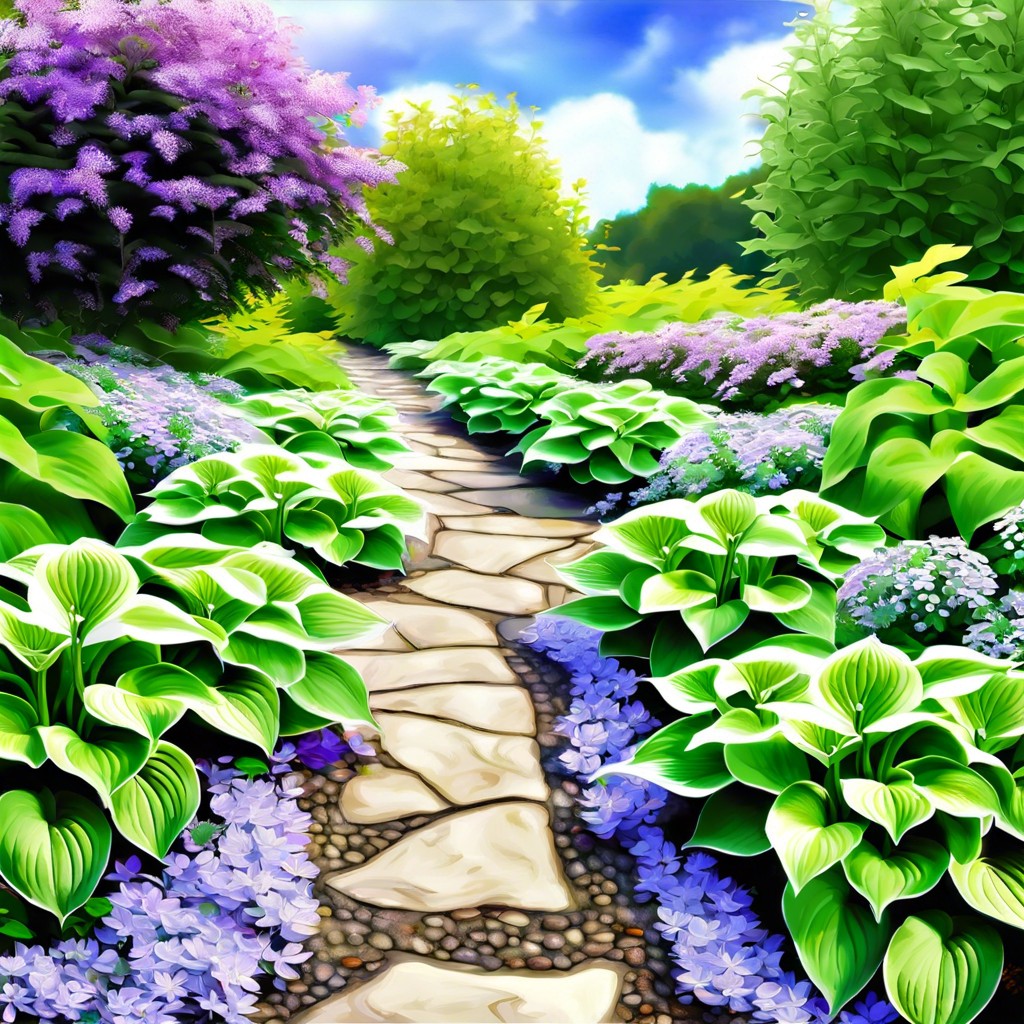 hosta patchwork path alternate squares of different hosta varieties and creeping thyme along a garden pathway