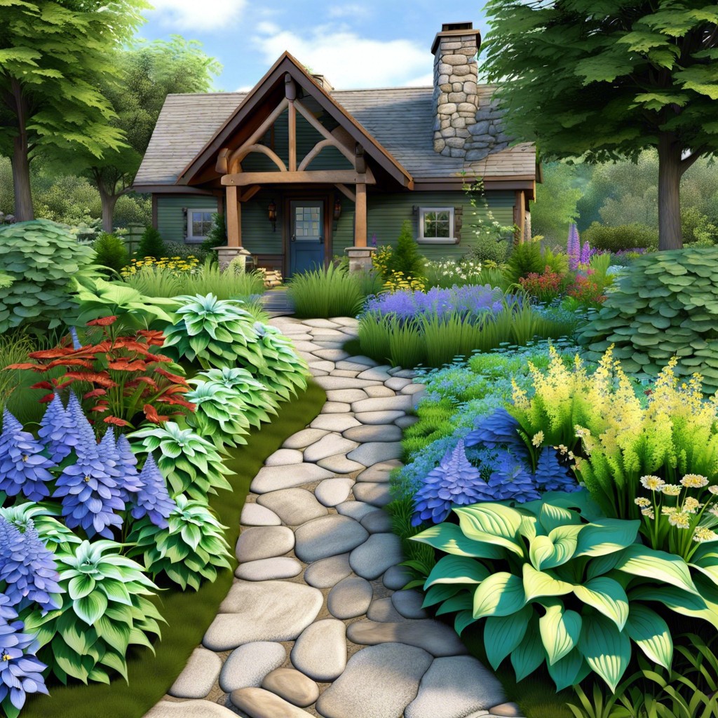 hosta river create a meandering pathway edged with blue and green hostas interspersed with patches of wildflowers
