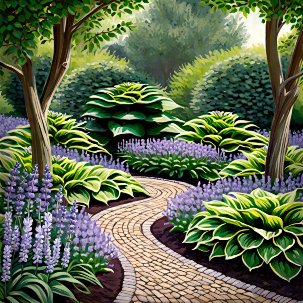 hosta spiral maze design a spiraling pathway with alternating hostas and lavender leading to a garden bench