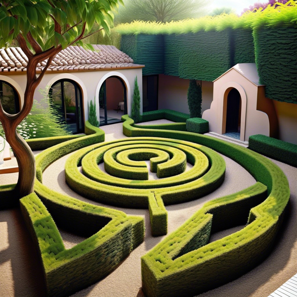 intricate labyrinth garden with narrow winding pathways