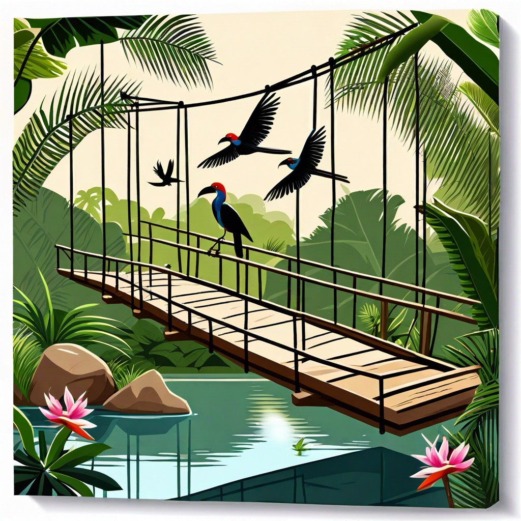 jungle hideaway with hanging bridges and tropical bird feeders