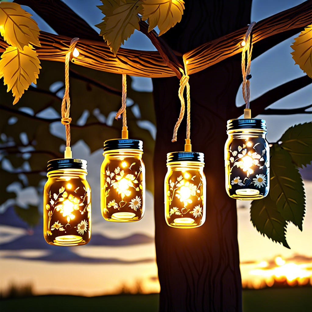 mason jar solar lights hanging from trees