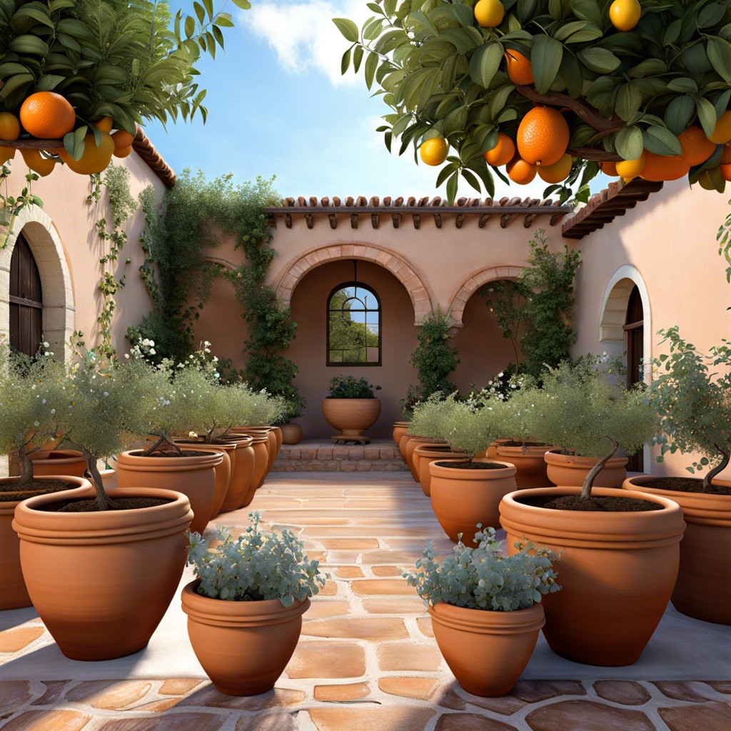 mediterranean citrus grove with terracotta pots and climbing vines