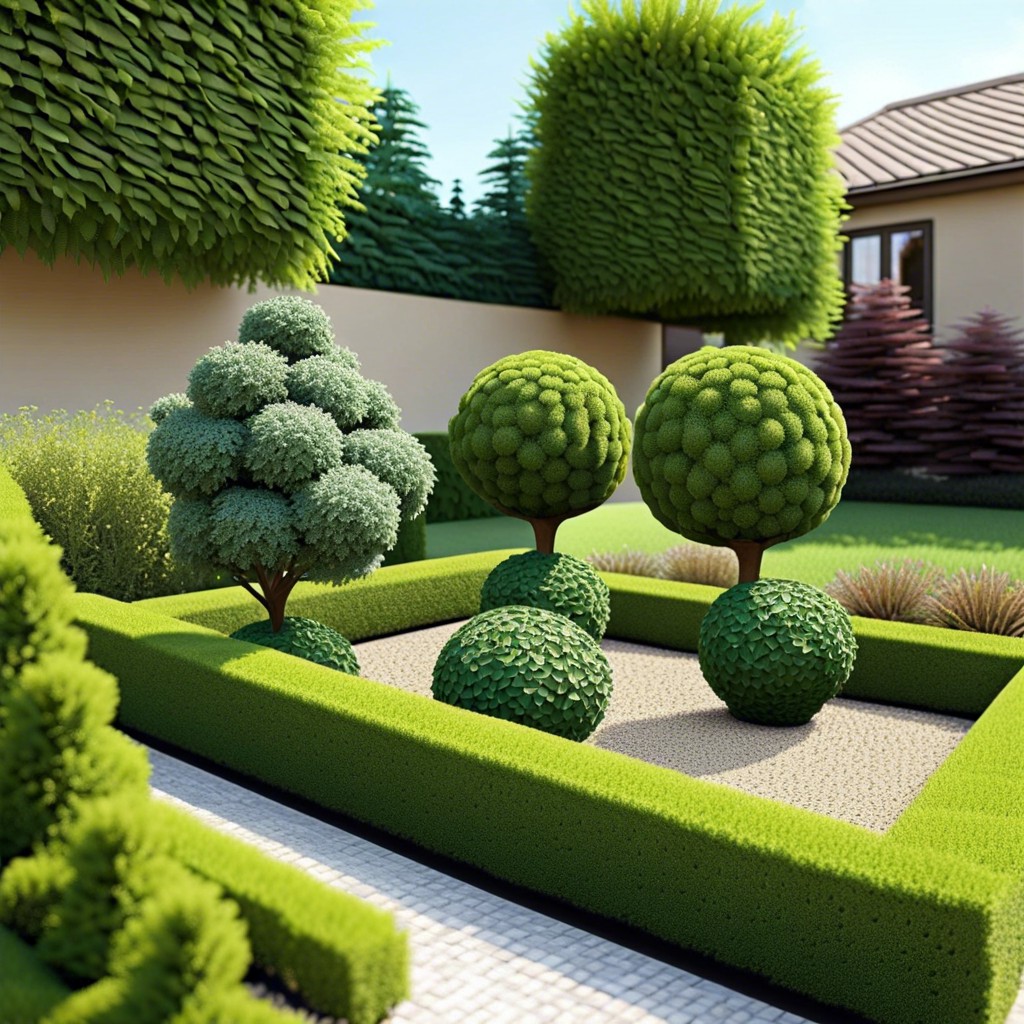 miniature topiary garden with geometrically shaped bushes