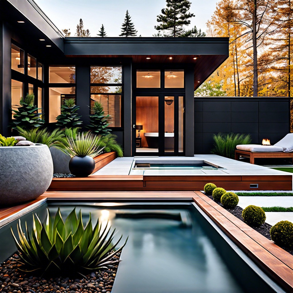 modern design with geometric planting beds and sleek sculptures