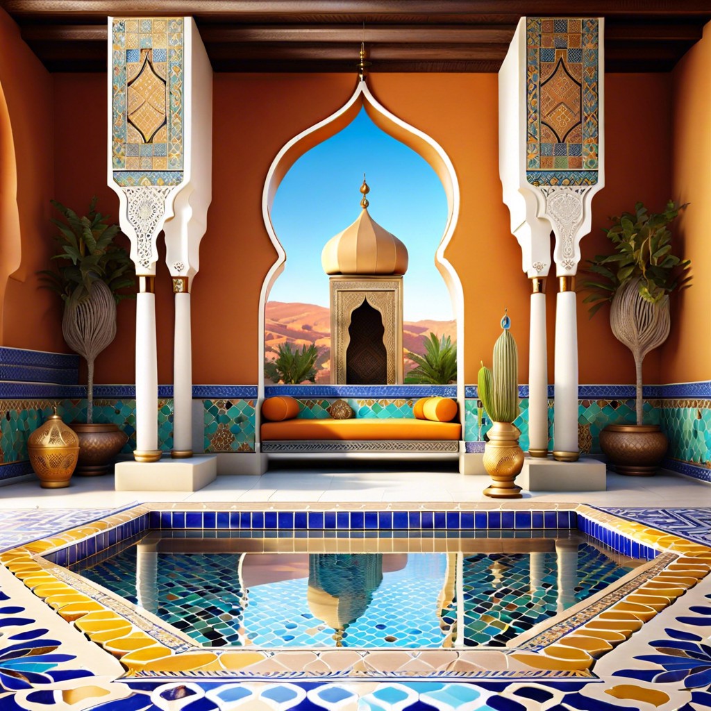 moroccan inspired lounge with vibrant tiles and a reflecting pool