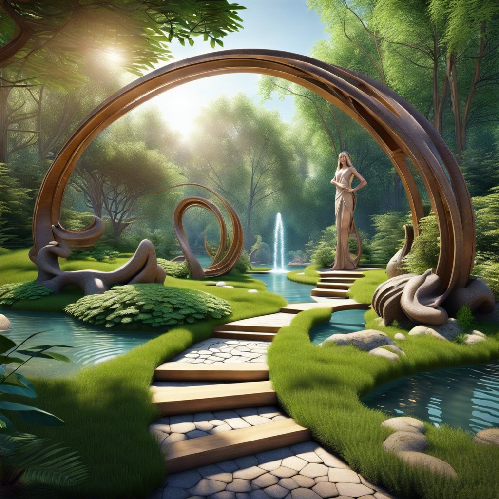 mystical forest with winding pathways and whimsical sculptures