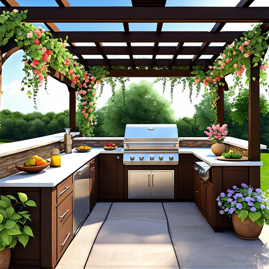 outdoor kitchen with pergolas covered in flowering vines