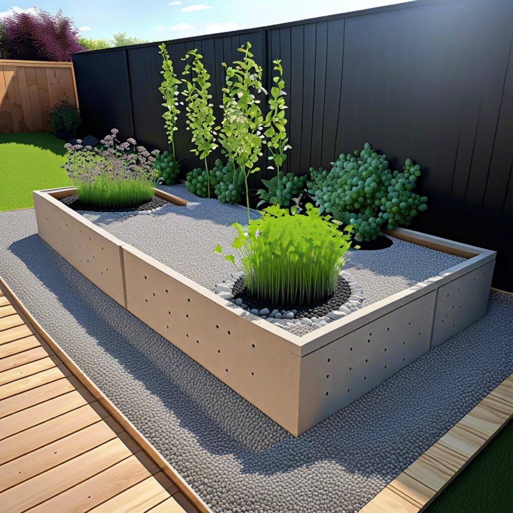 pea gravel and cinder block minimalist garden beds