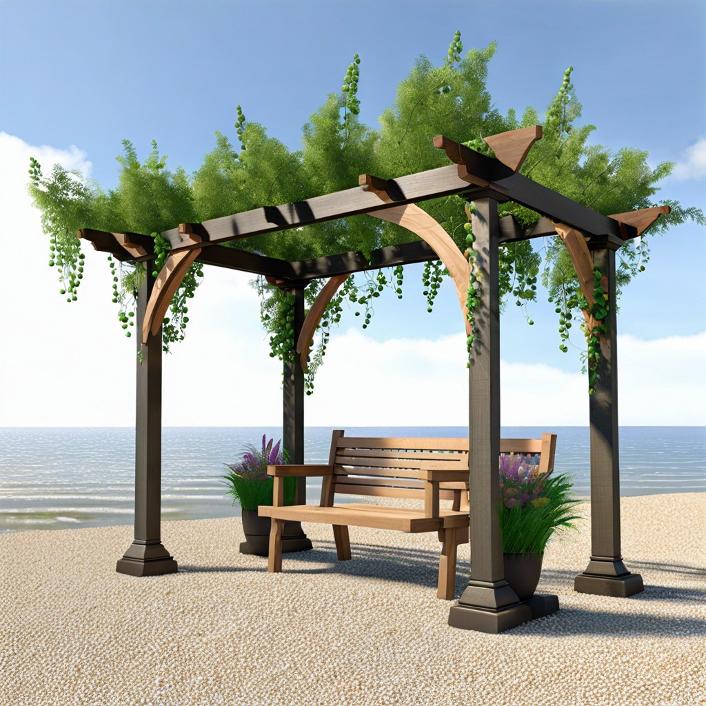 pea gravel beach under a pergola for relaxation