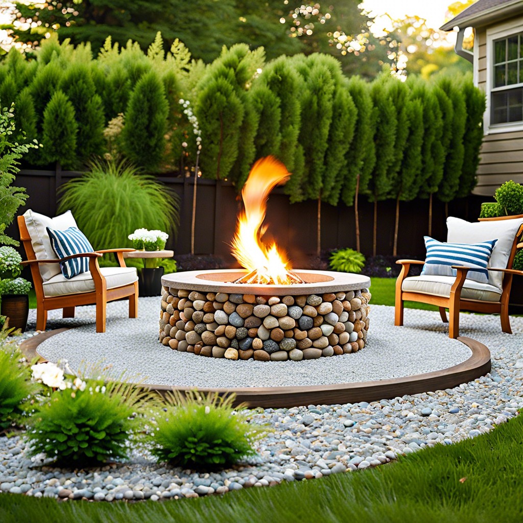 pea gravel fire pit area with natural stone seating