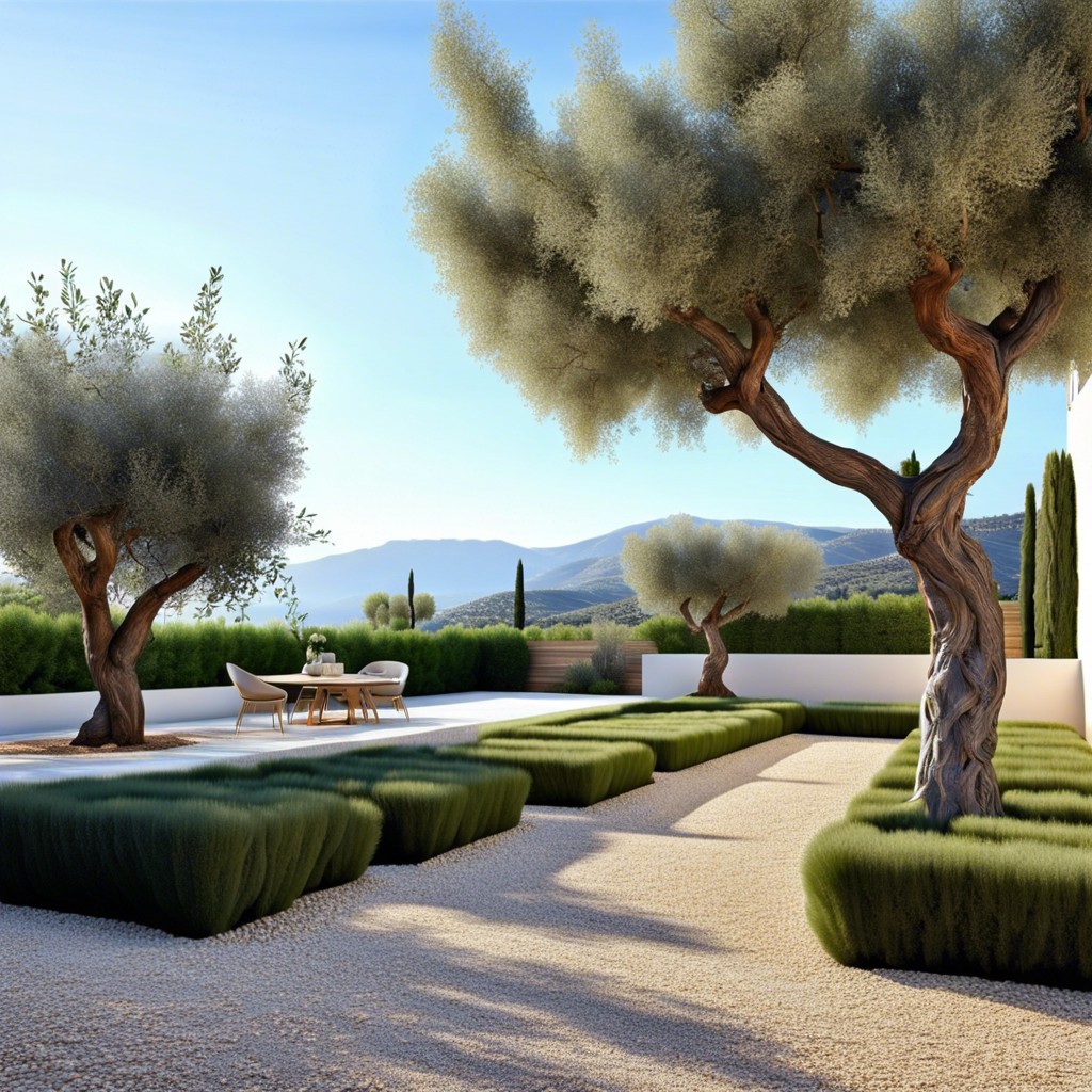 pea gravel terrace with potted olive trees