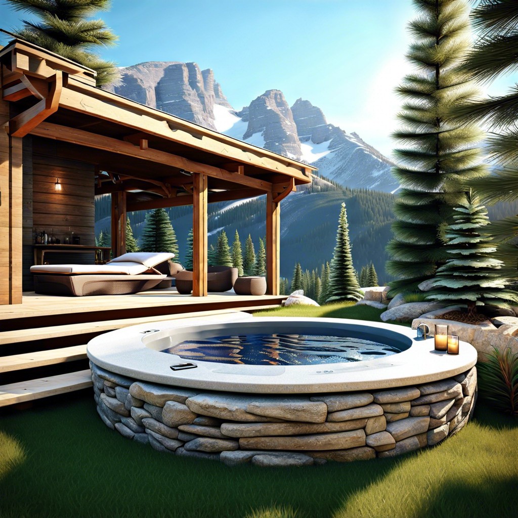 rocky alpine escape with a natural stone jacuzzi and pine scents