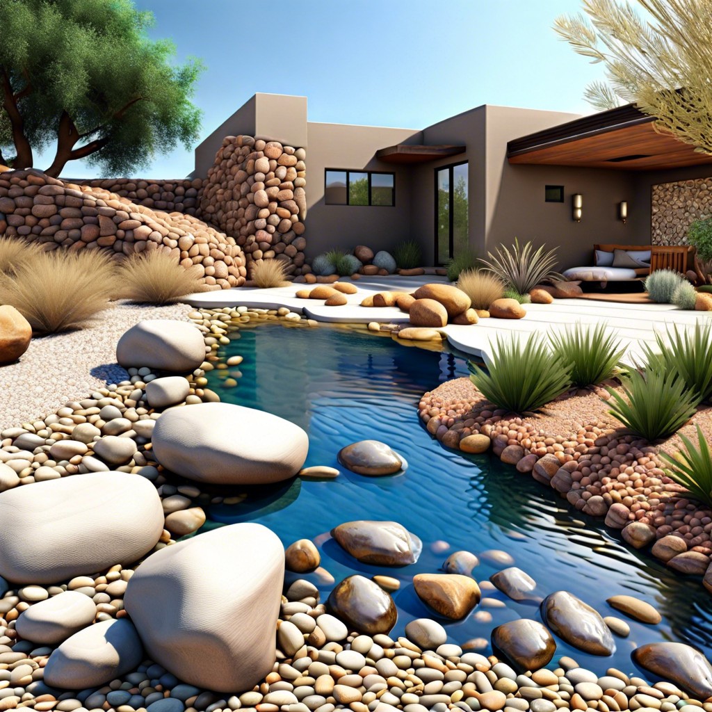 rocky river create a dry riverbed of rocks and pebbles leading to the pool