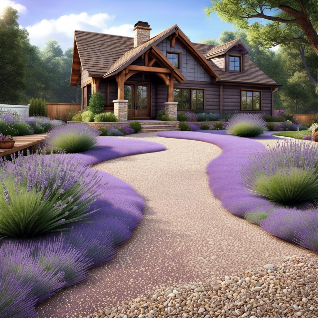 rustic pea gravel driveway bordered by lavender
