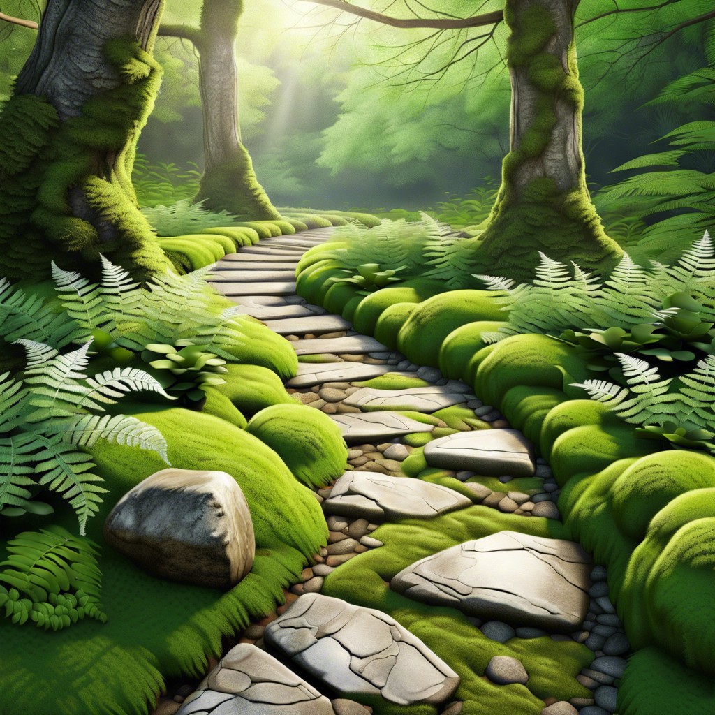 rustic stone pathways with moss and ferns