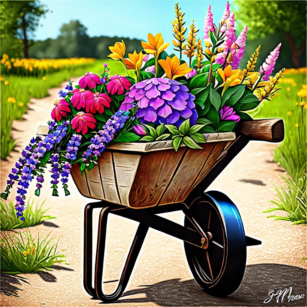 rustic wheelbarrow as a flower planter
