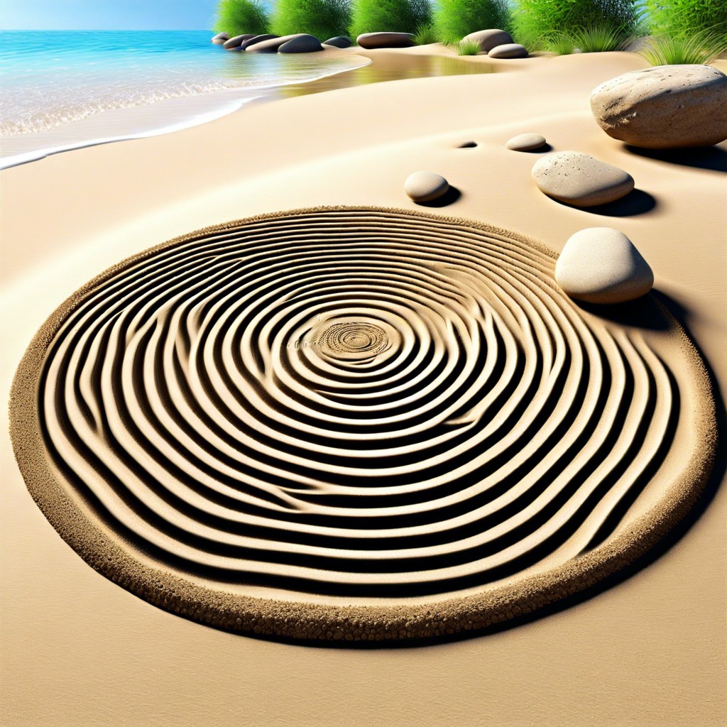 sand garden with exact wave patterns around stones