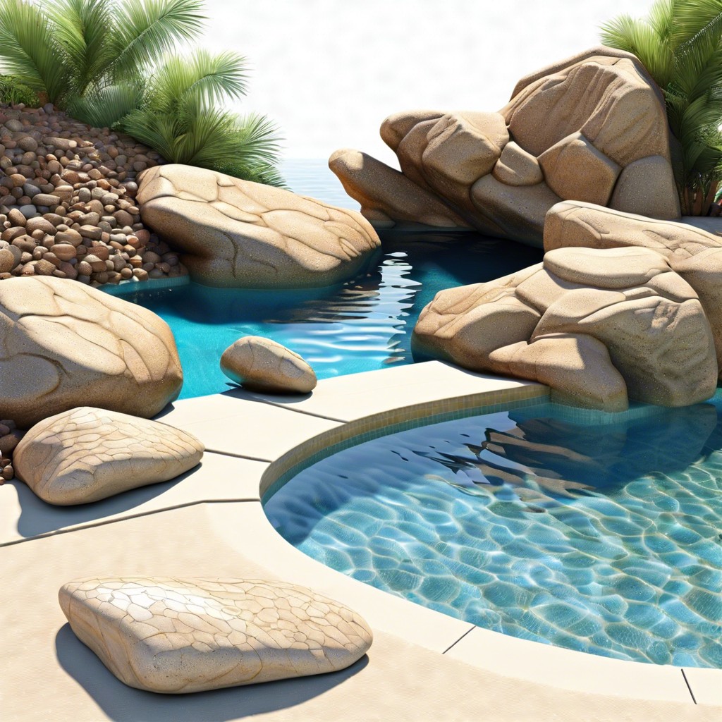 sandy beach entry combine fine sand and smooth pebbles to create a beach entry to the pool