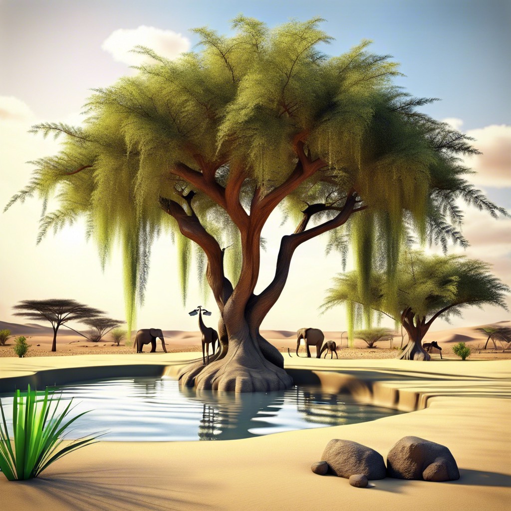 savanna landscape with acacia trees and a wildlife watering hole
