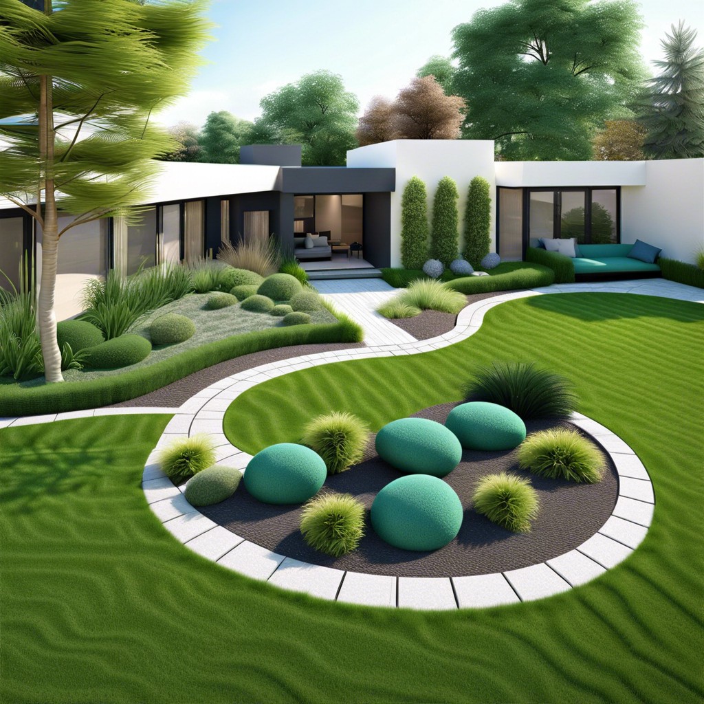 sculptural landscape elements integrated into a manicured lawn