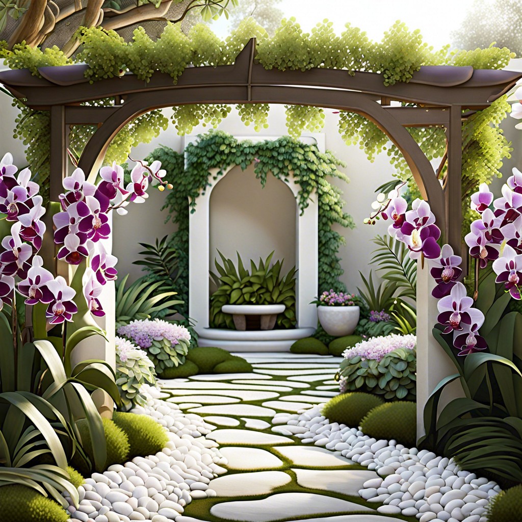 serene orchid arbor with white pebbled paths and benches