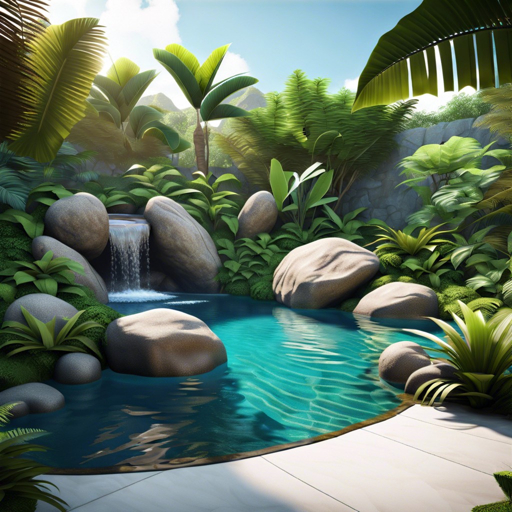 tropical edge pair large rocks with tropical plants to give the pool a lush exotic feel