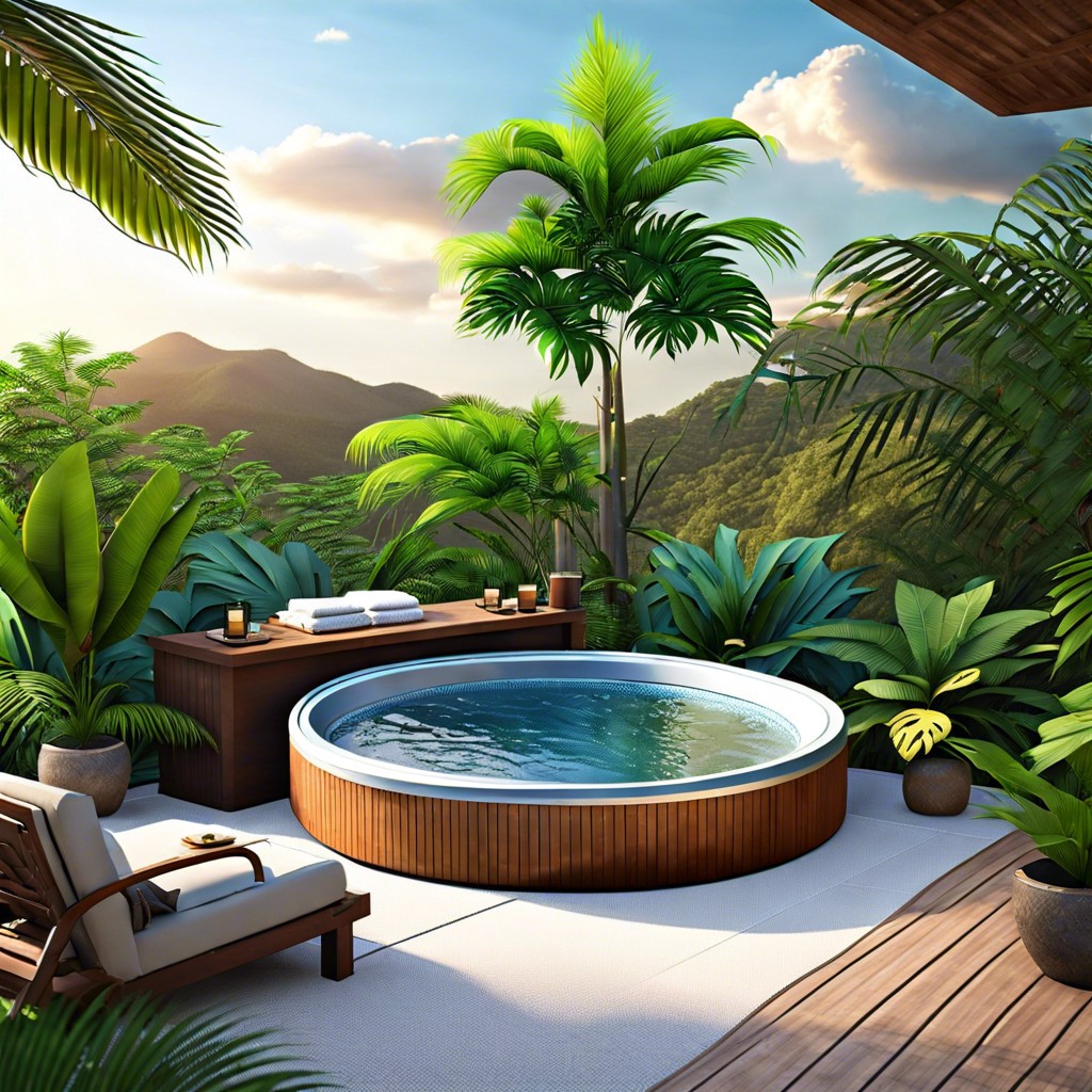 tropical oasis with bamboo and lush ferns around the tub