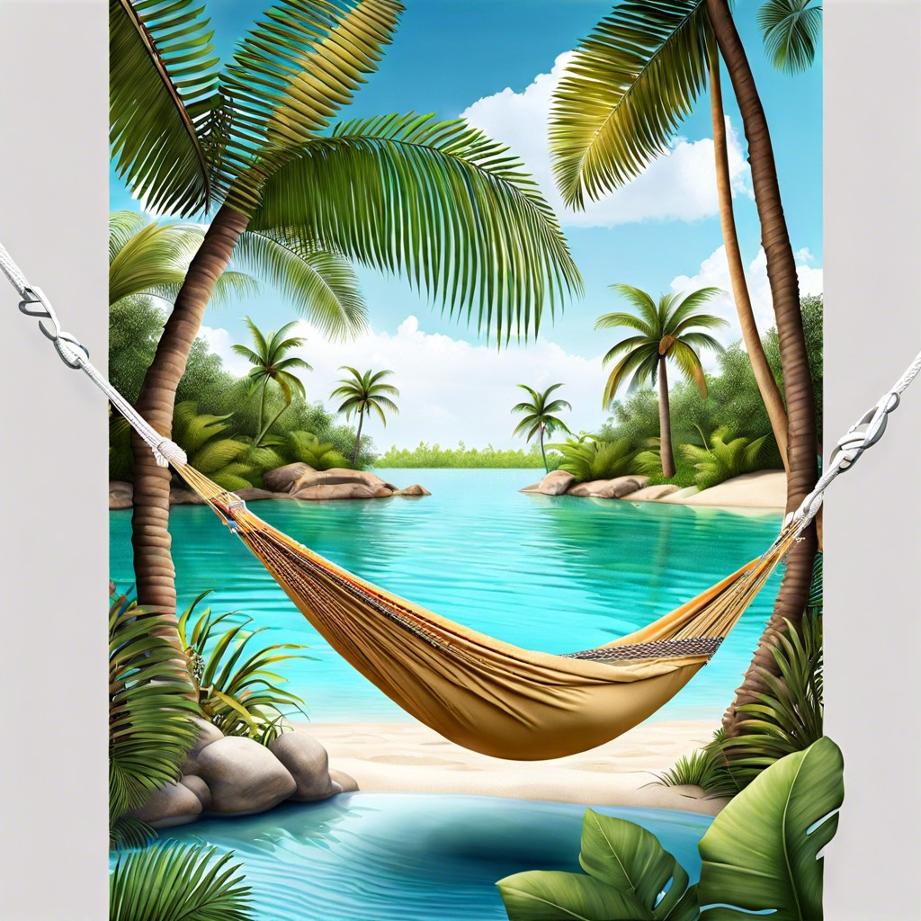 tropical palm retreat with hammocks and a small lagoon
