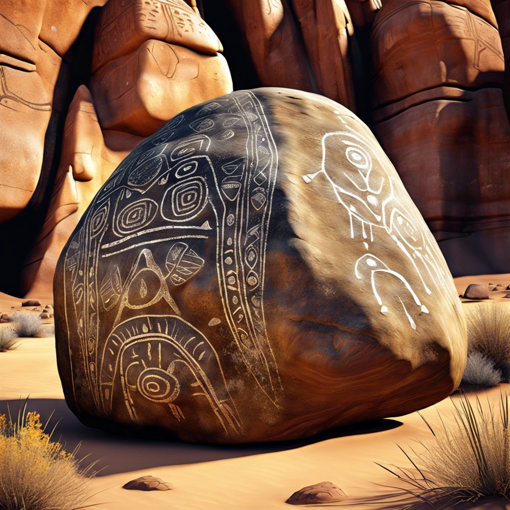 weathered boulders with inscriptions or petroglyphs