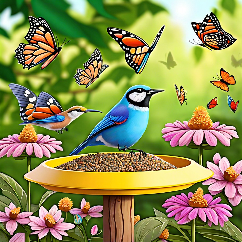 wildlife friendly landscapes with bird feeders and butterfly plants