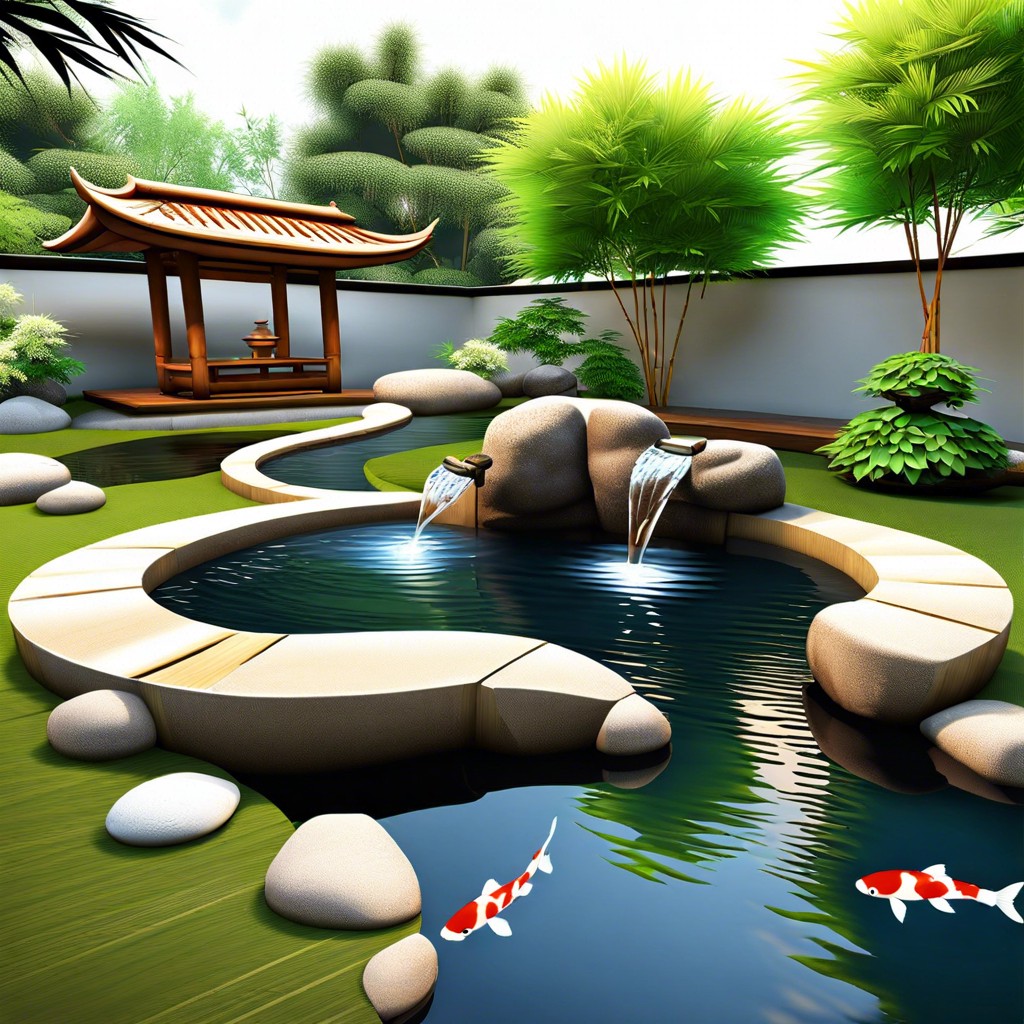 zen garden with a koi pond and bamboo fountains