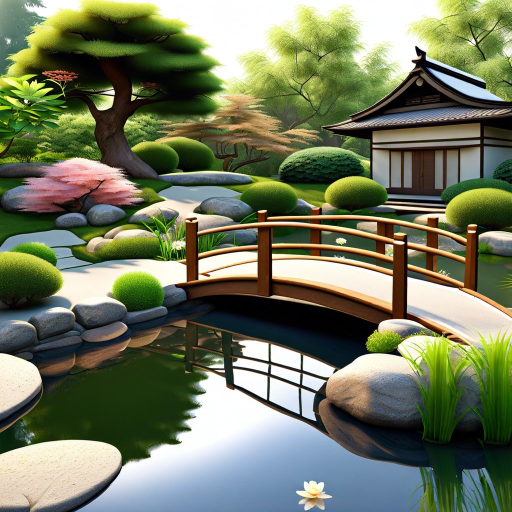 zen garden with a small pond and bridge