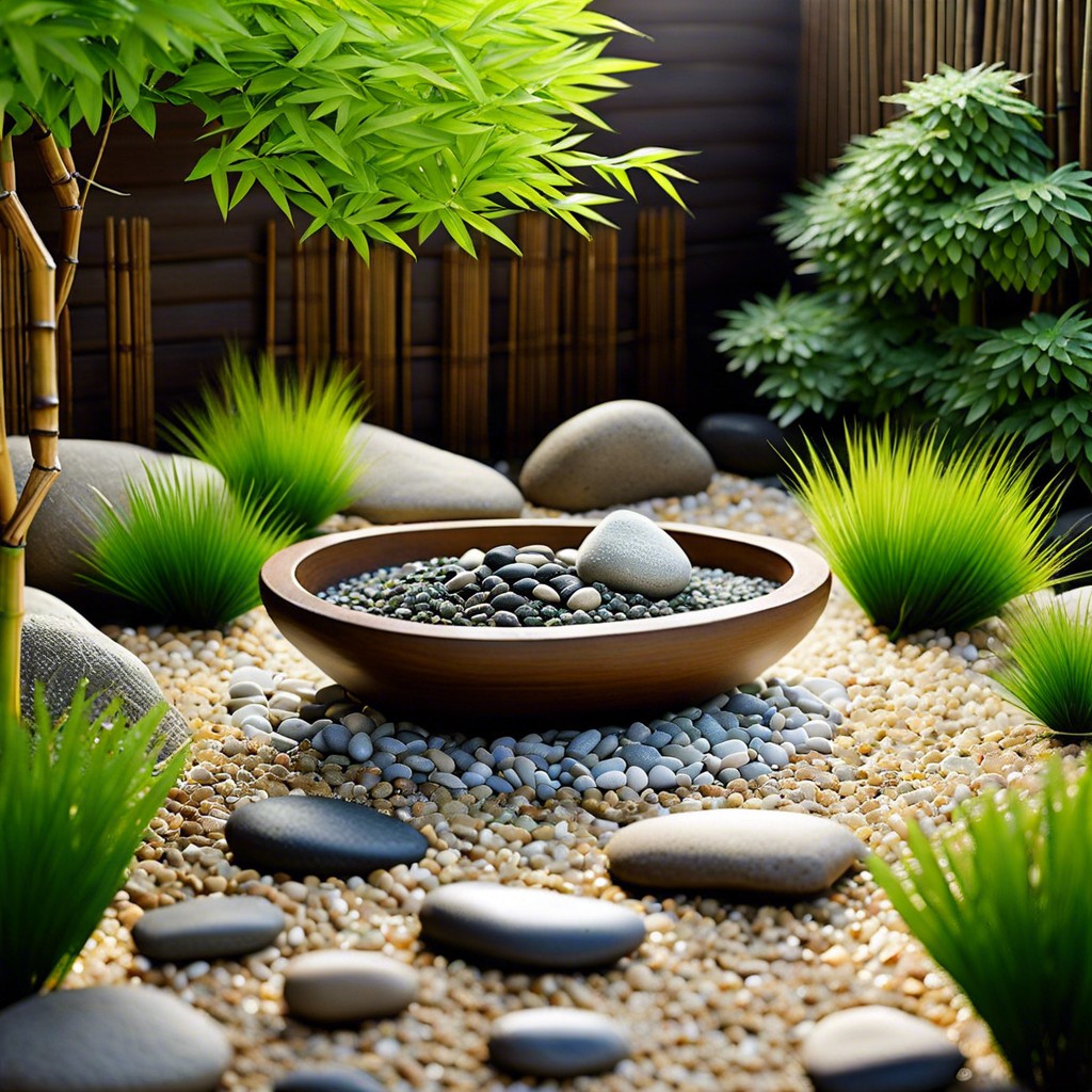 zen garden with pea gravel bamboo and meditation stones