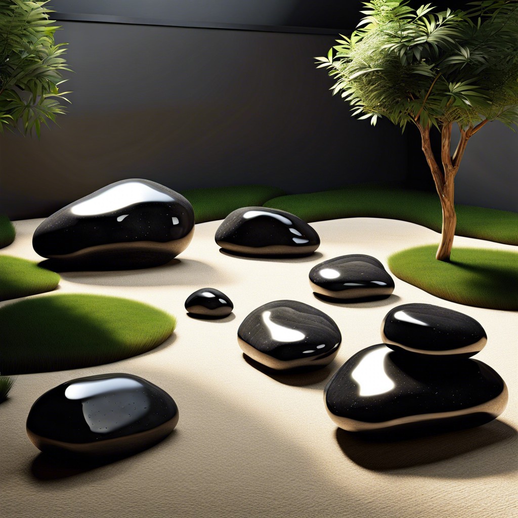 zen garden with scattered polished black boulders