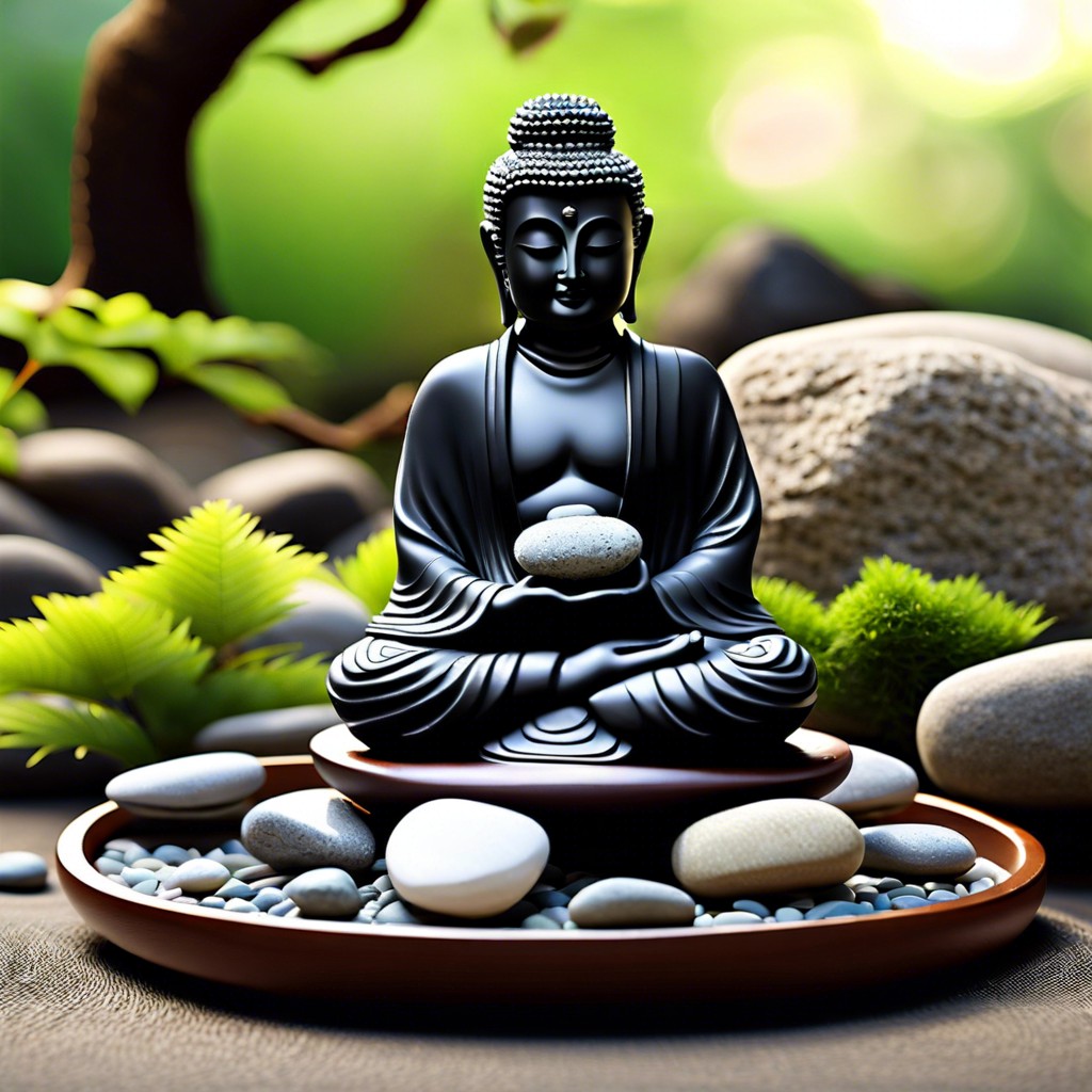 zen garden with smooth stones and minimalistic buddha statues