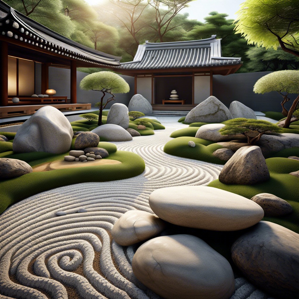 zen rock garden with meticulously arranged patterns
