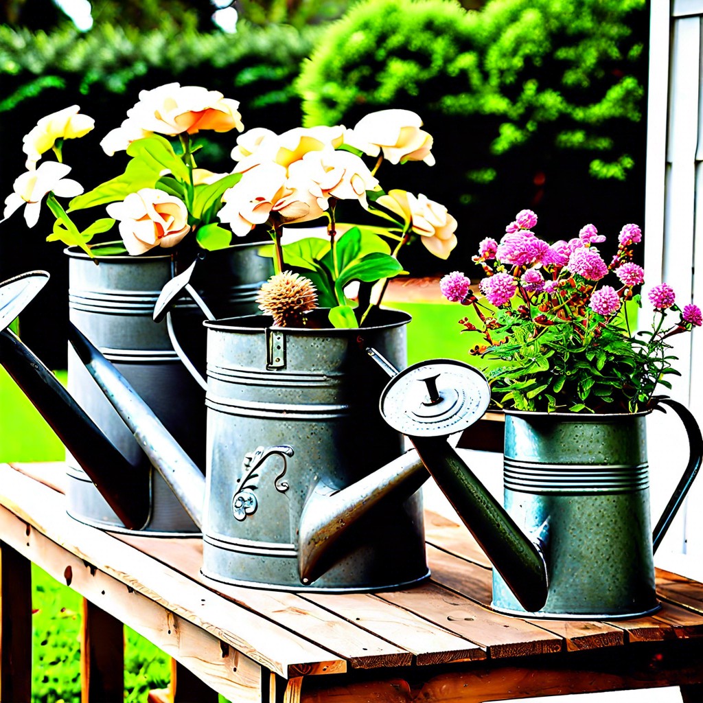 antique metal watering cans as planters