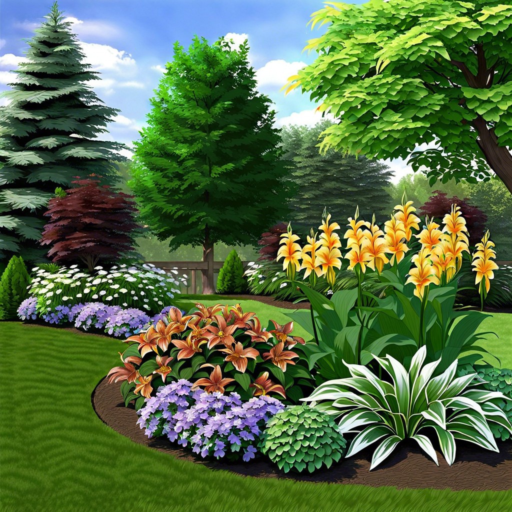 hostas around trees daylilies along fences