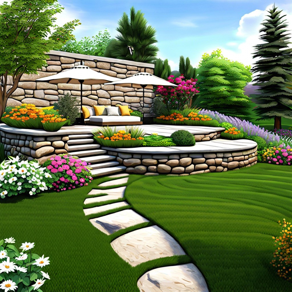 stone retaining walls with flower beds